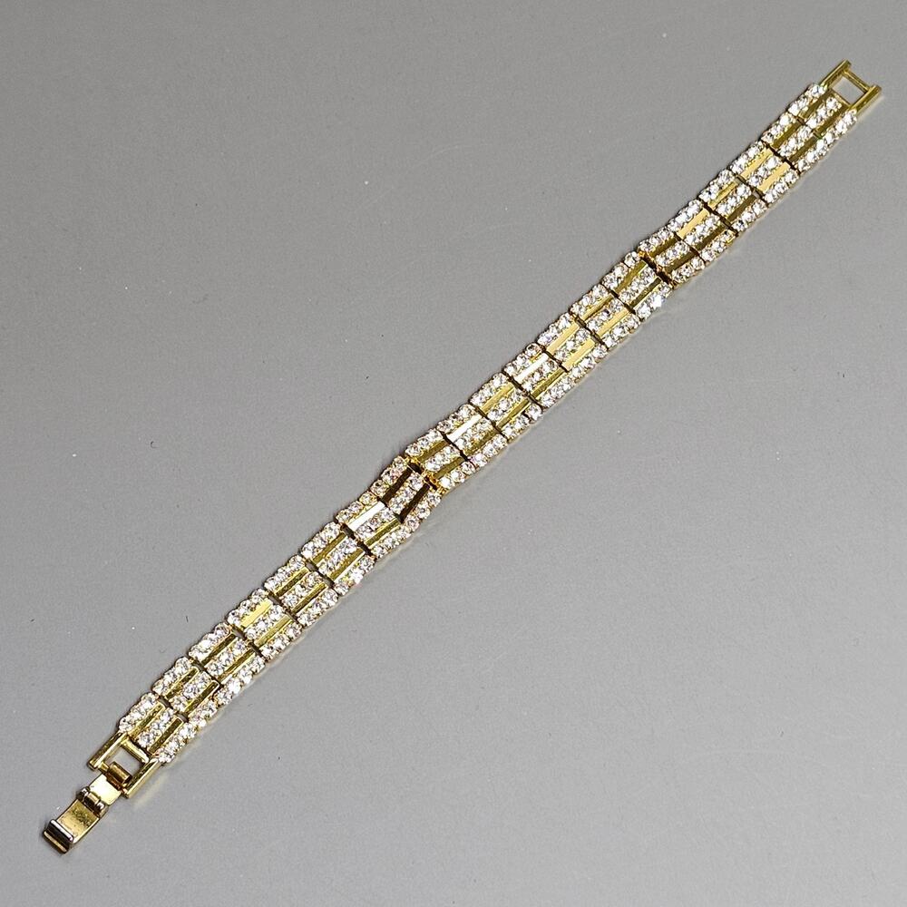 Triple Row Rhinestone Link Goldtone Bracelet 7 in